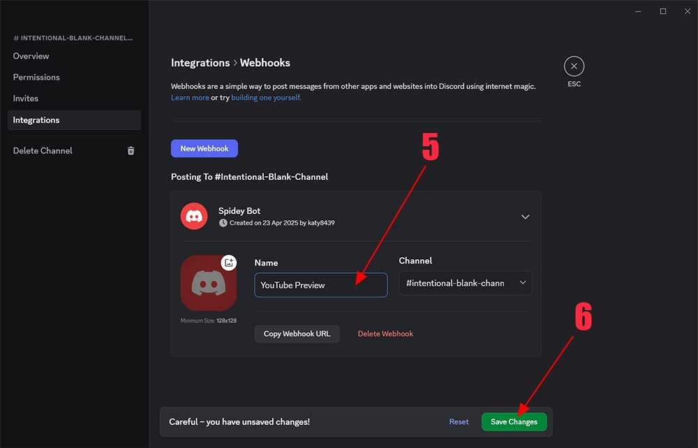 Name the webhook something your channel members will understand - this will appear as the account/bot posting the content so bear that in mind! Then save your changes